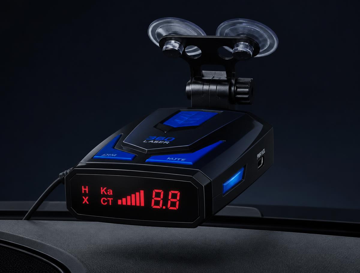 McFlash 360 radar detector mounted on a car windshield showing a red LED band alert