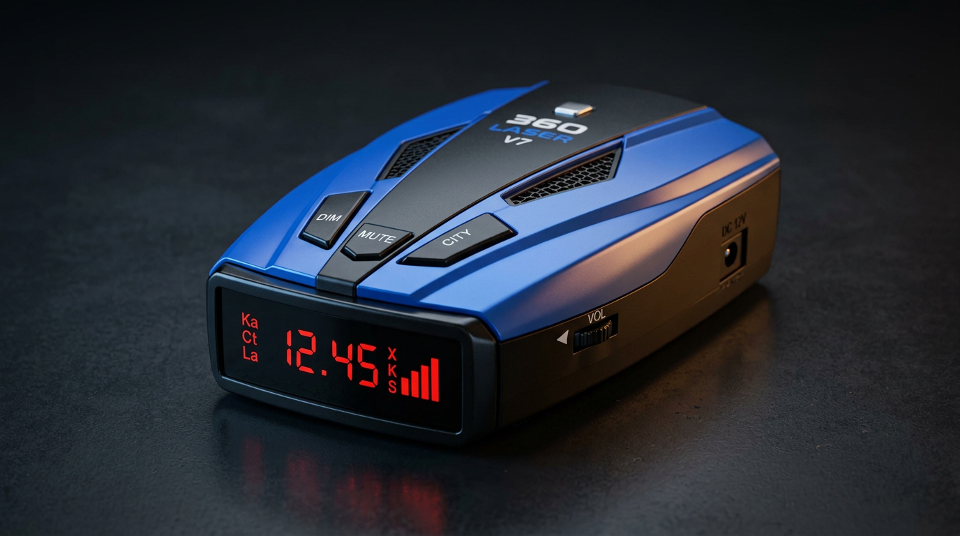 Close-up of the McFlash 360 Laser V7 radar detector showing its antenna grilles, DIM, MUTE and CITY controls and red LED band display