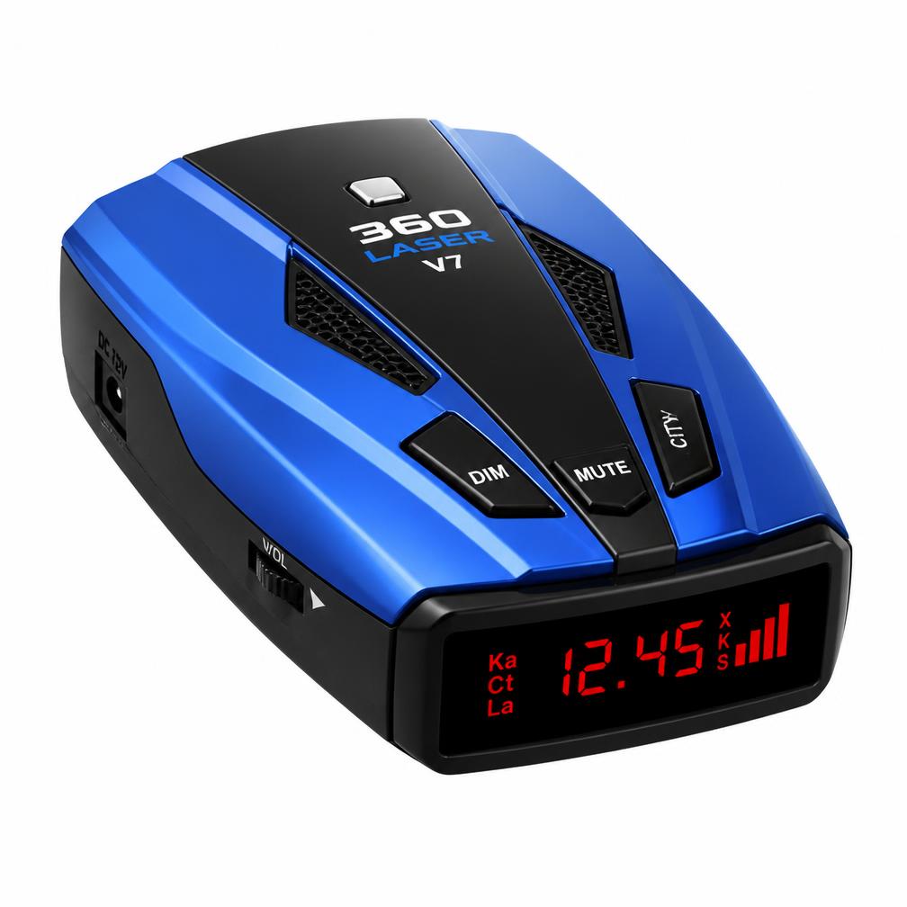 McFlash 360 radar detector, three-quarter product view with red LED display