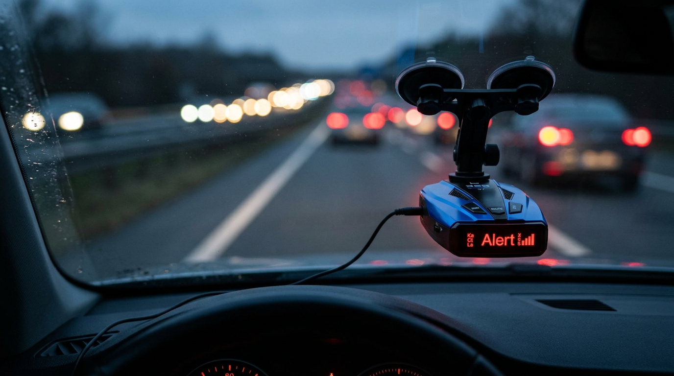 McFlash 360 radar detector suction-mounted on a windshield at dusk showing a Ka-band alert during highway testing